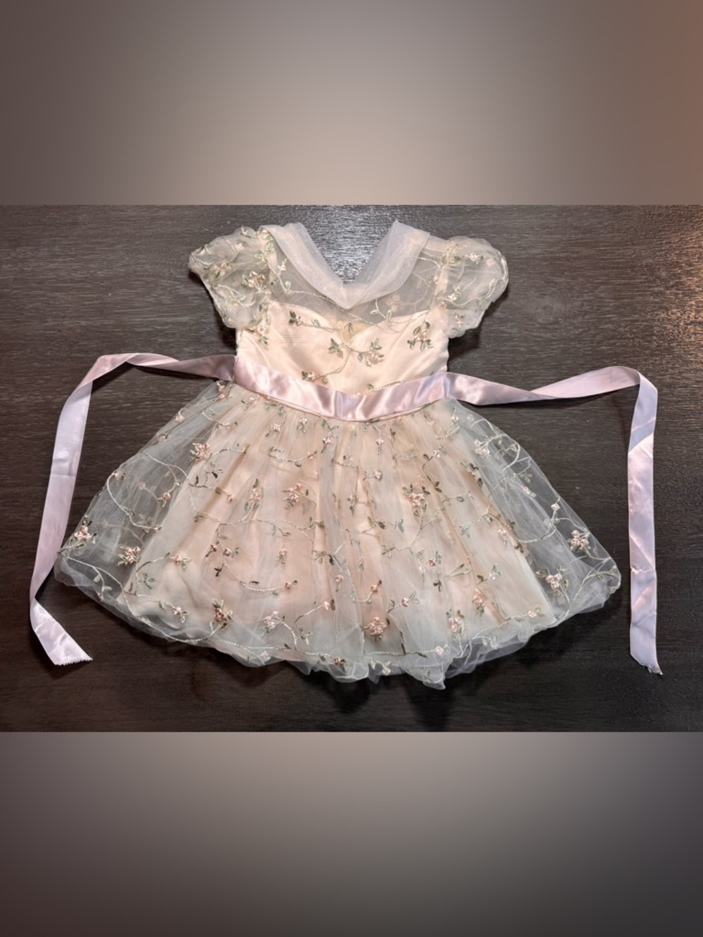 European Embroidered Toddler Girl Puffy Layered Dress Satin Ribbon Bow Tie 2T
